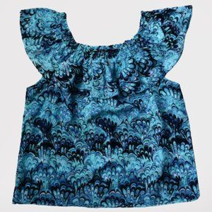 Michael Kors Ruffle Blouse L Top Shirt Cotton Silk Blue Peacock On Off Shoulder